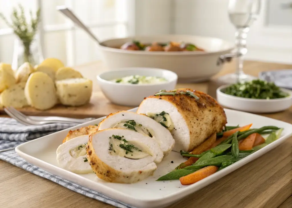 Cream Cheese Stuffed Chicken Breast in Modern Kitchen Setting Cream cheese stuffed chicken breast served on a plate in a bright modern kitchen with a cozy family table