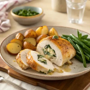 Golden cream cheese stuffed chicken breast sliced open on a ceramic plate with roasted potatoes and green beans