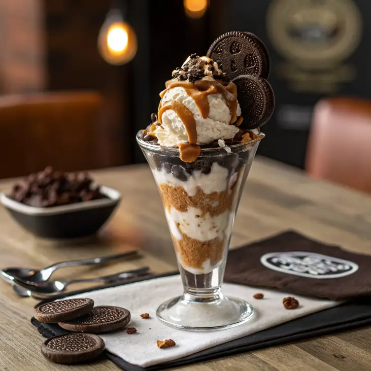 Triple scoop Oreo chocolate ice cream sundae with caramel and chocolate drizzle, topped with whipped cream and an Oreo cookie