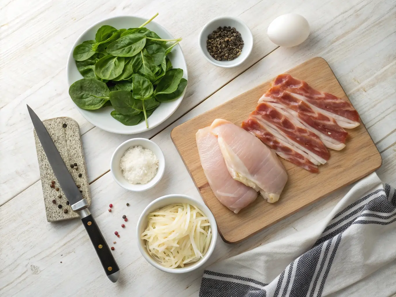 Ingredients for Bacon Wrapped Stuffed Chicken Breast Raw chicken breasts, bacon, cheese, spinach, and spices arranged on a kitchen counter in natural light.
