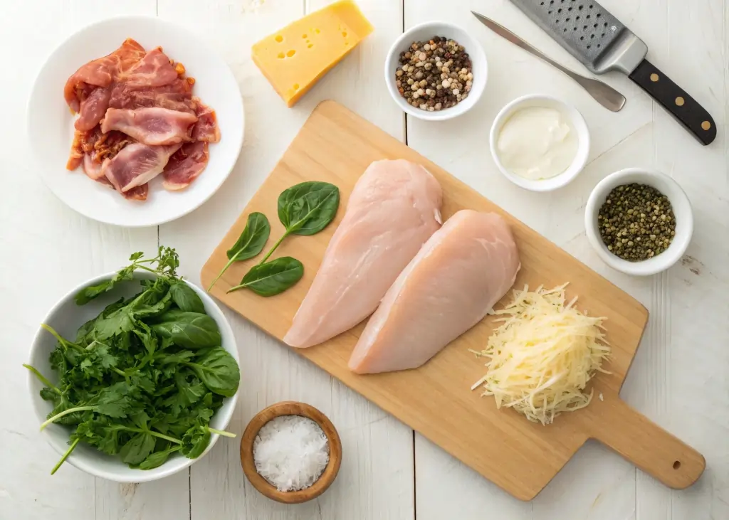 Ingredients for Cream Cheese Stuffed Chicken Breast Recipe Top-down view of fresh ingredients for cream cheese stuffed chicken breast on a kitchen counter