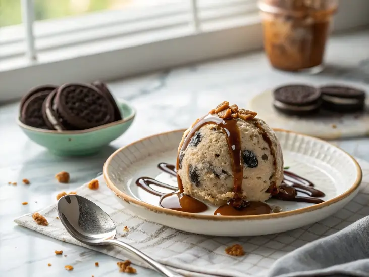 Melting Scoop of Oreo Chocolate Ice Cream Melting Oreo chocolate ice cream scoop with cookie chunks and chocolate caramel drizzle on a dessert plate