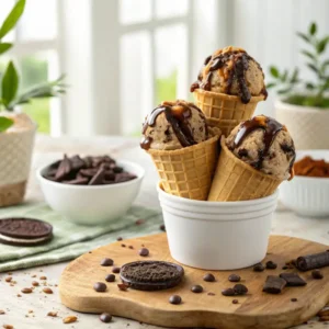 Scoop of creamy Oreo Chocolate Ice Cream with Oreo chunks in a cone
