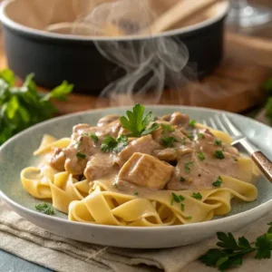 creamy chicken stroganoff recipe served on noodles