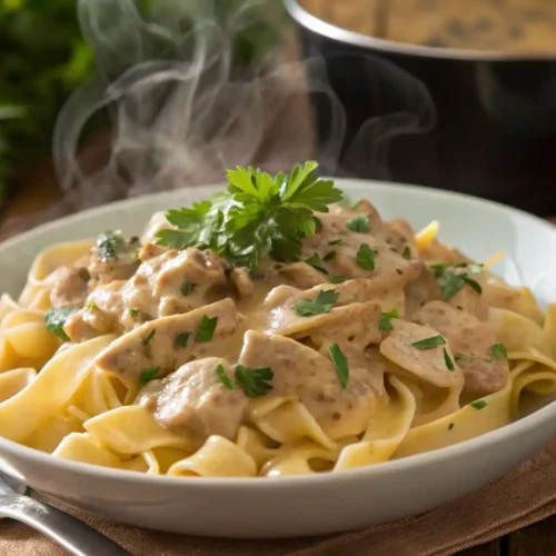 creamy chicken stroganoff served on egg noodles
