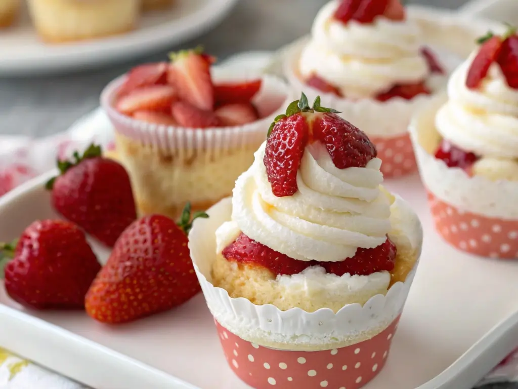 layered-strawberry-shortcake-bites Layered strawberry shortcake bites in cupcake liners