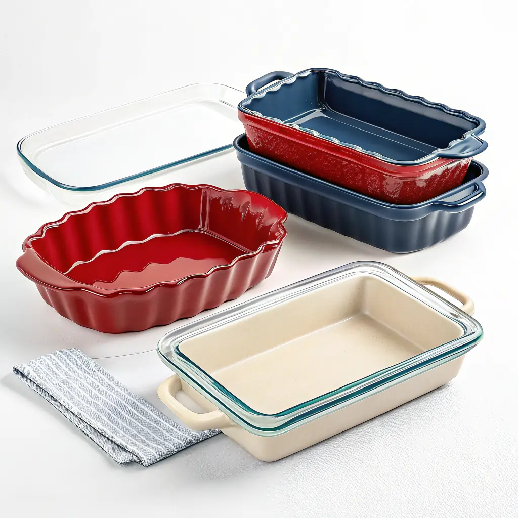 Set of baking dishes including red wavy ceramic pie plates, blue rectangular ceramic casserole dish, and clear glass Pyrex baking dish with lid