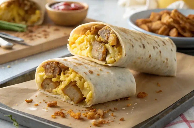 blackstone-breakfast-burrito-griddle Blackstone breakfast burrito with eggs, sausage, and cheese cooking on the griddle