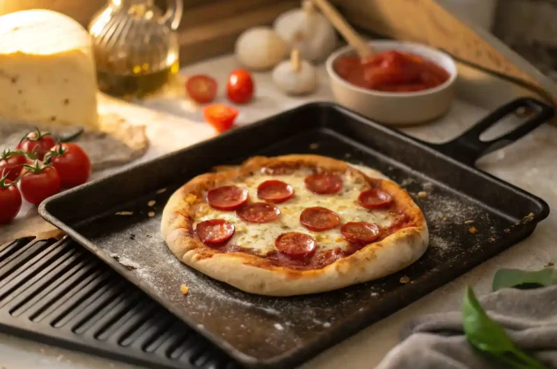 blackstone-griddle-pizza-recipe Crispy griddle pizza with pepperoni and bubbling cheese on a Blackstone grill