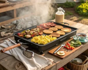 Blackstone griddle loaded with breakfast foods including eggs, pancakes, bacon, and hash browns