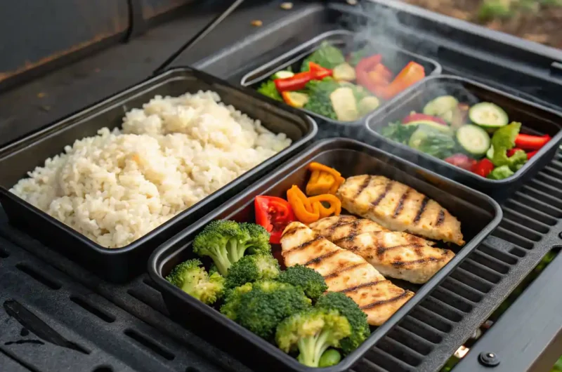 blackstone-healthy-meal-prep-chicken Healthy meal prep with grilled chicken, peppers, and cauliflower rice on a Blackstone griddle