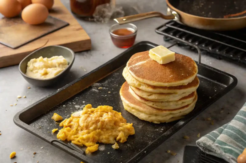 blackstone-pancakes-scrambled-eggs Fluffy pancakes and scrambled eggs sizzling on a Blackstone griddle in natural daylight