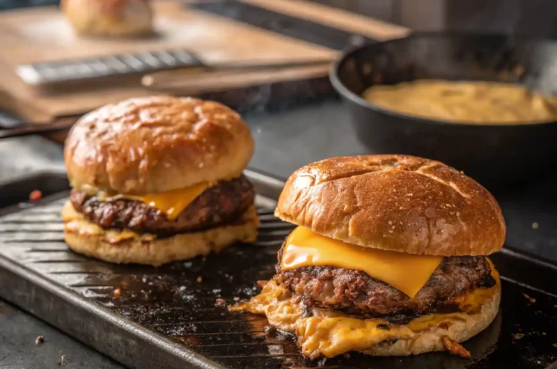 blackstone-smash-burgers-cheese Smash burgers with crispy edges and melted cheese cooking on a Blackstone griddle