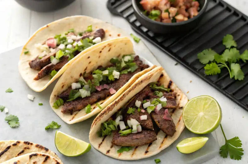 blackstone-street-tacos-flat-top Street tacos with carne asada, onion, and cilantro grilling on the Blackstone