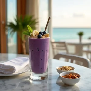 Blueberry and Greek yogurt smoothie in a glass with banana and chia toppings