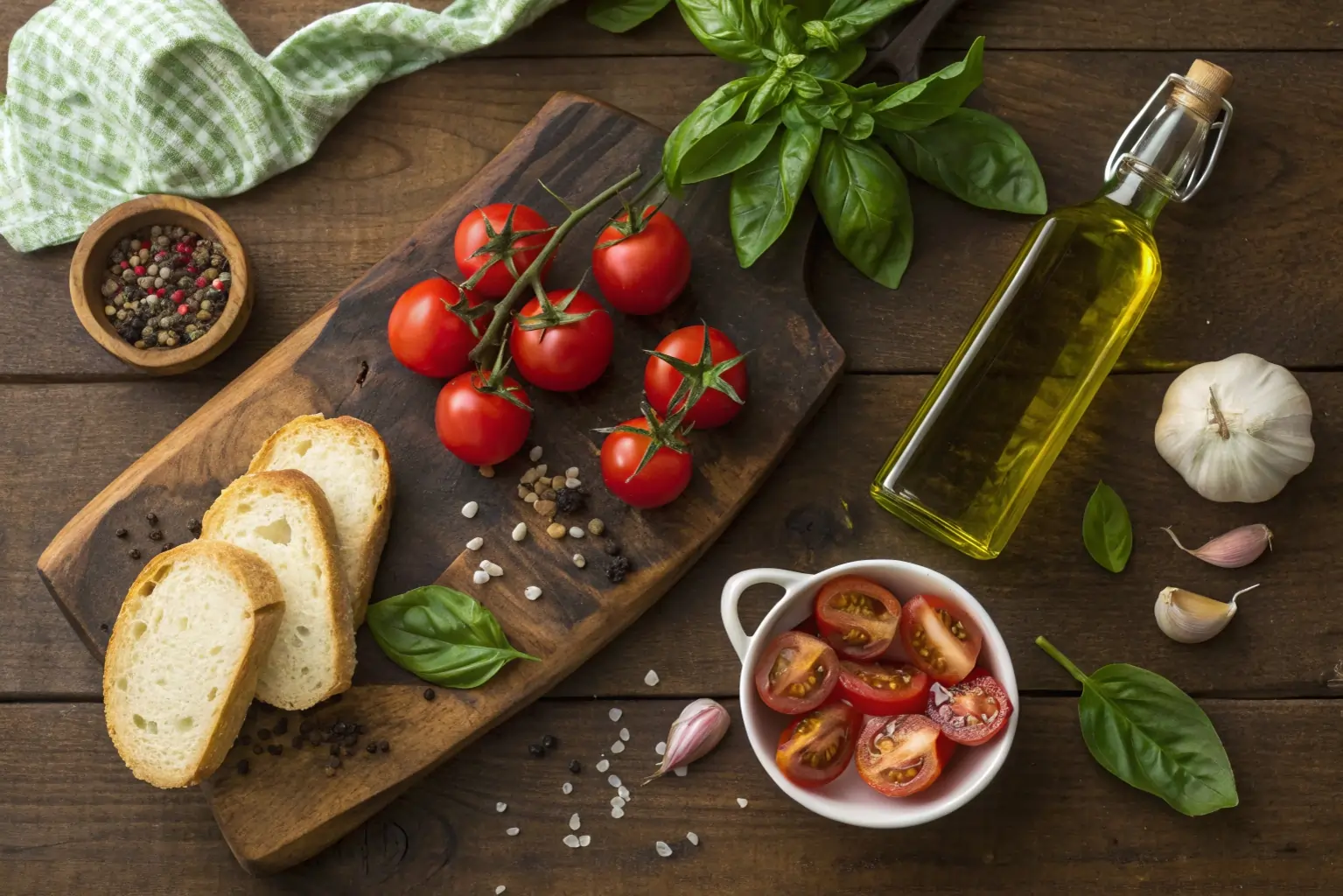 bruchetta-ingredients-flat-lay Ingredients for traditional bruchetta appetizers