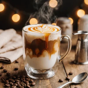 Beautifully layered caramel macchiato in a café-style glass mug