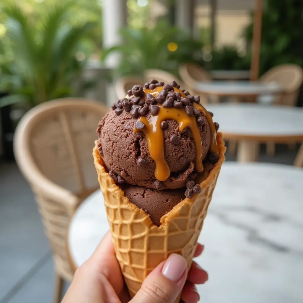 Caramel Chocolate Ice Cream Cone Bliss Two scoops of chocolate ice cream in a waffle cone topped with caramel drizzle and chocolate chips, held in a cozy café setting.