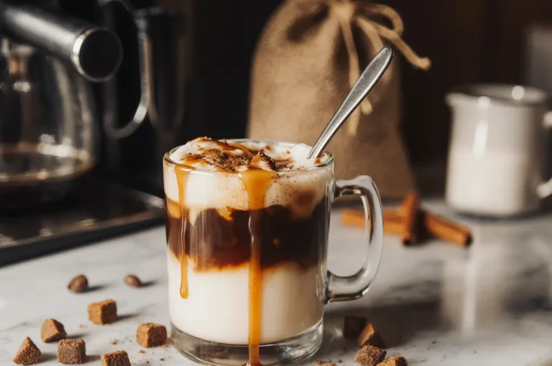 caramel-macchiato-sip-flavor-layers Caramel macchiato mid-sip showing rich coffee and creamy milk