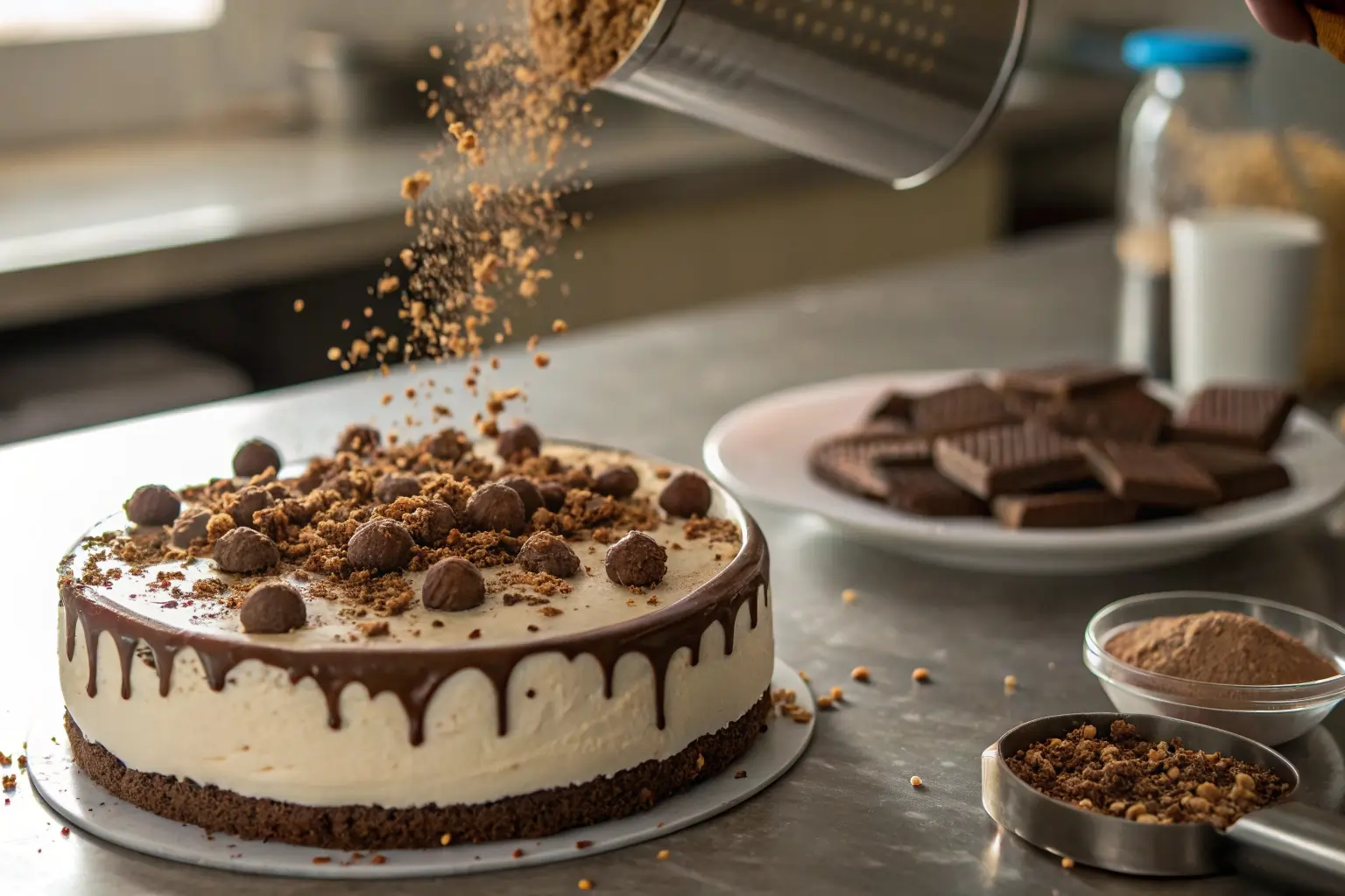 Adding chocolate crunchies to a Carvel ice cream cake layer