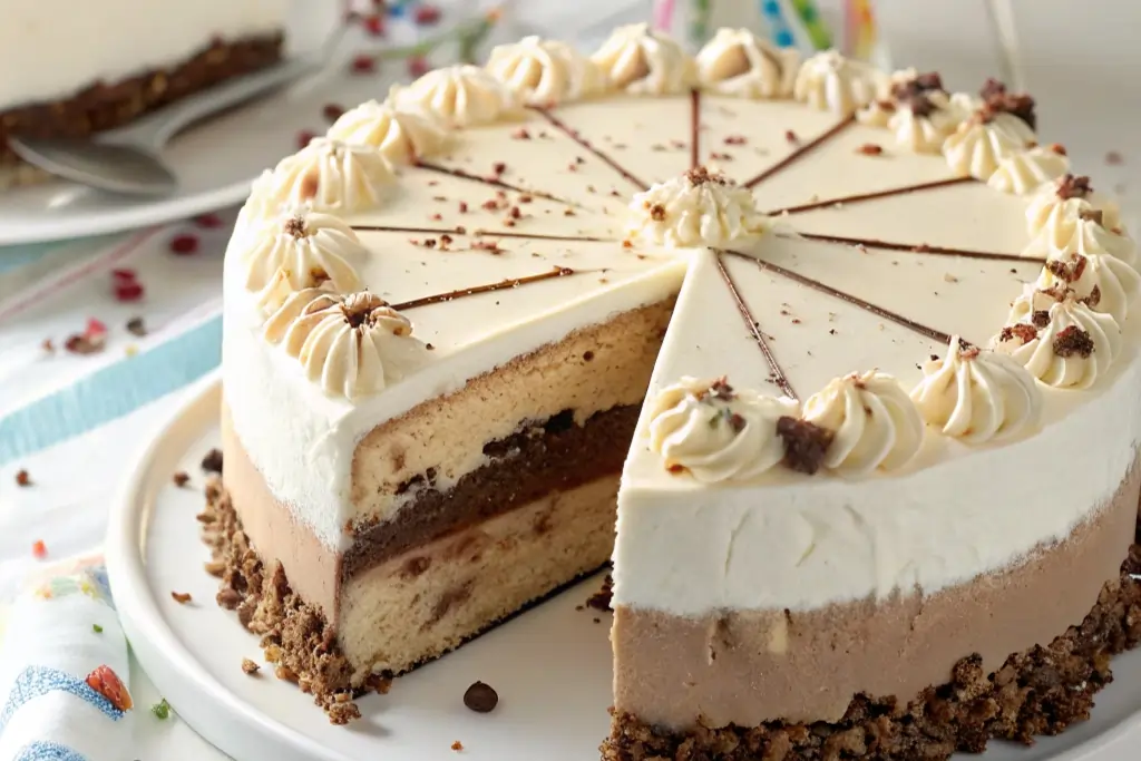 Carvel ice cream cake slice showing layered vanilla, chocolate, and crunch