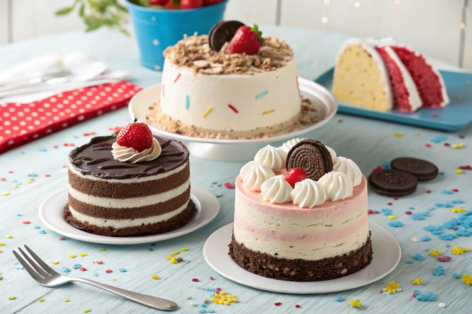 Variety of Carvel ice cream cakes including Fudgie the Whale