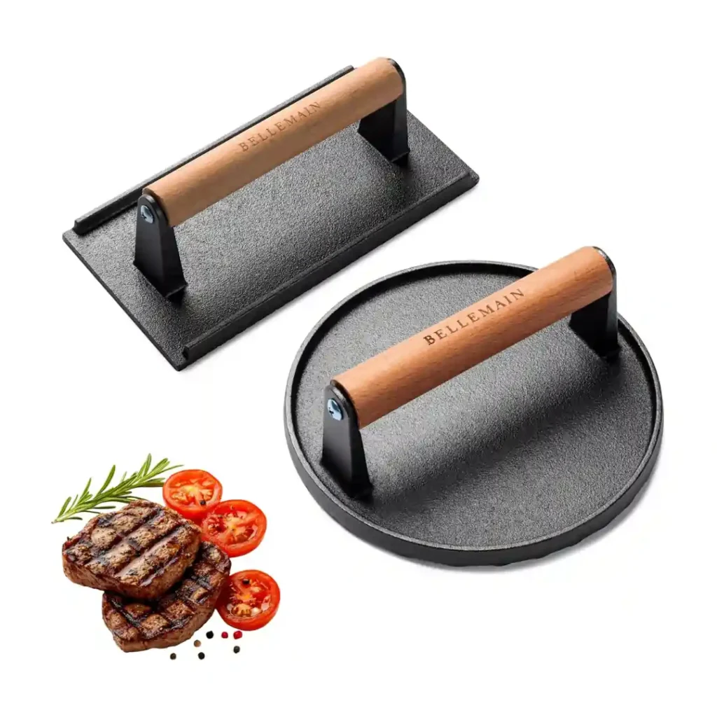 Cast iron grill press for smash burgers and crispy bacon on a Blackstone griddle