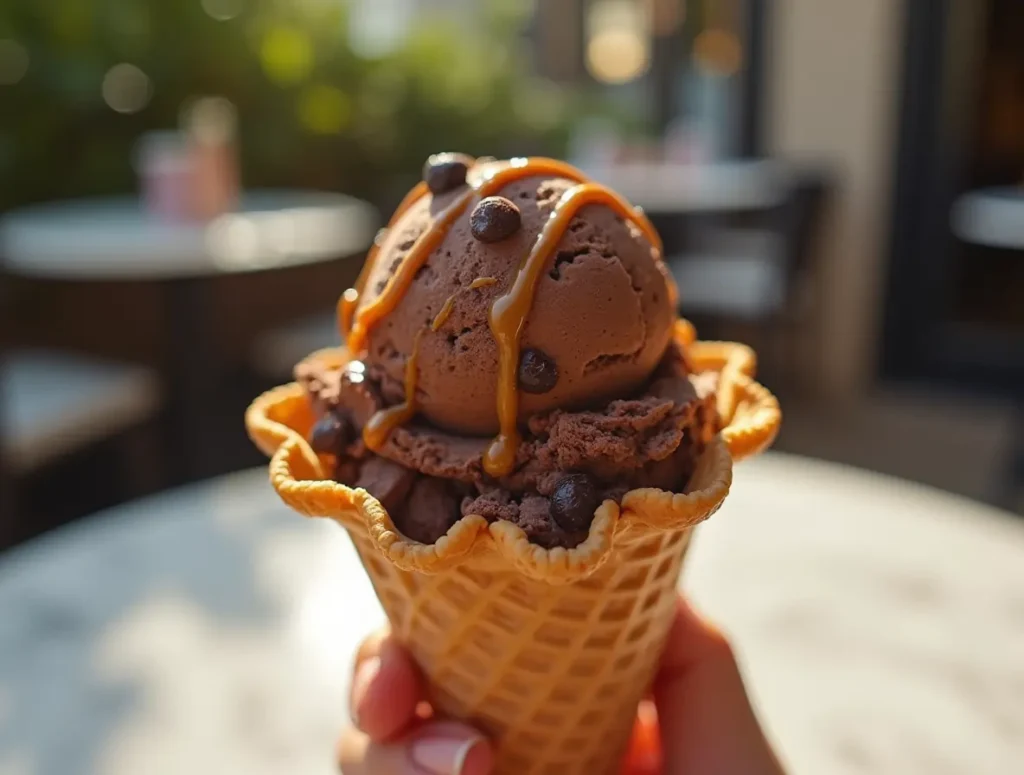 chocolate ice cream in waffle cone with caramel drizzle
