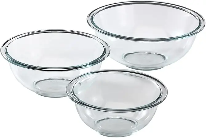 Three-piece set of clear glass mixing bowls in various sizes