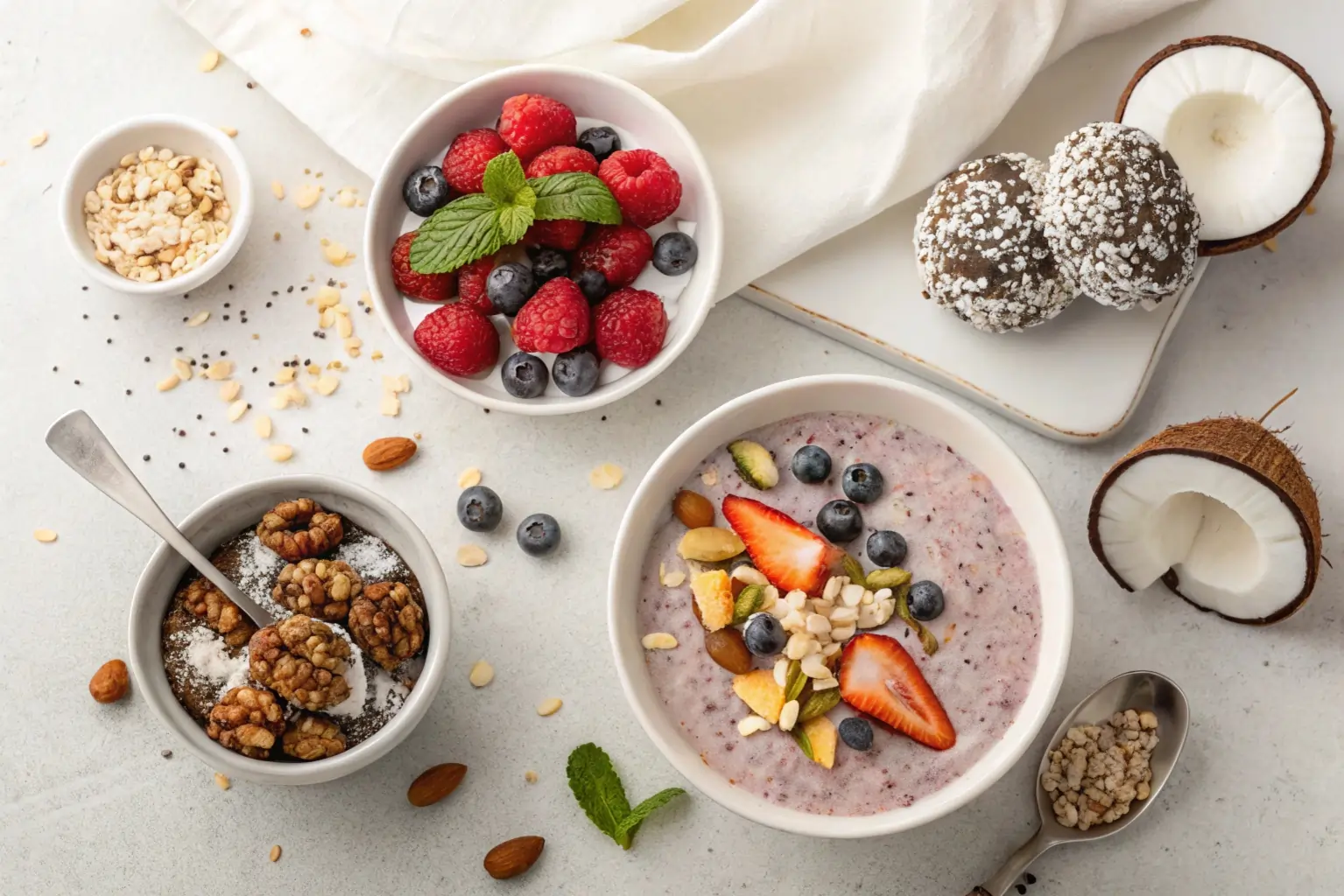 Healthy Coconut Smoothie Bowls with Fresh Berries Flat lay of coconut smoothie bowls topped with berries, nuts, coconut balls, and granola.