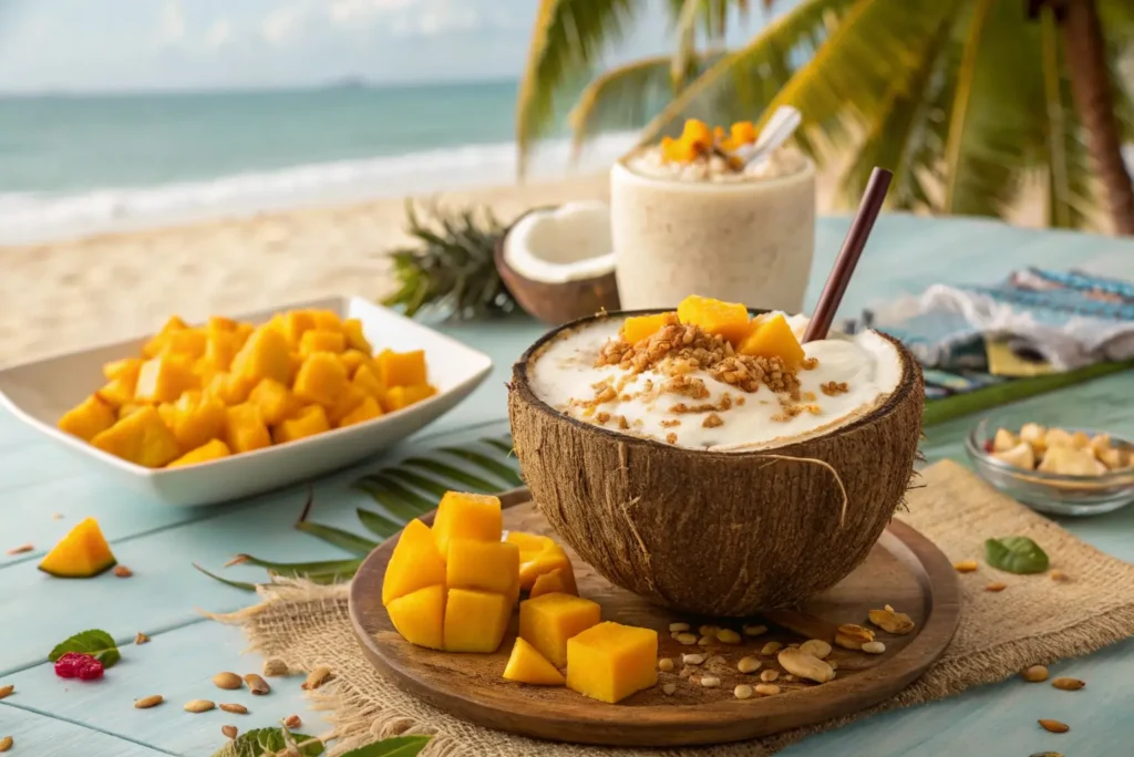 Tropical coconut mango milkshake served in a real coconut shell with fresh mango chunks and granola by the beach.
