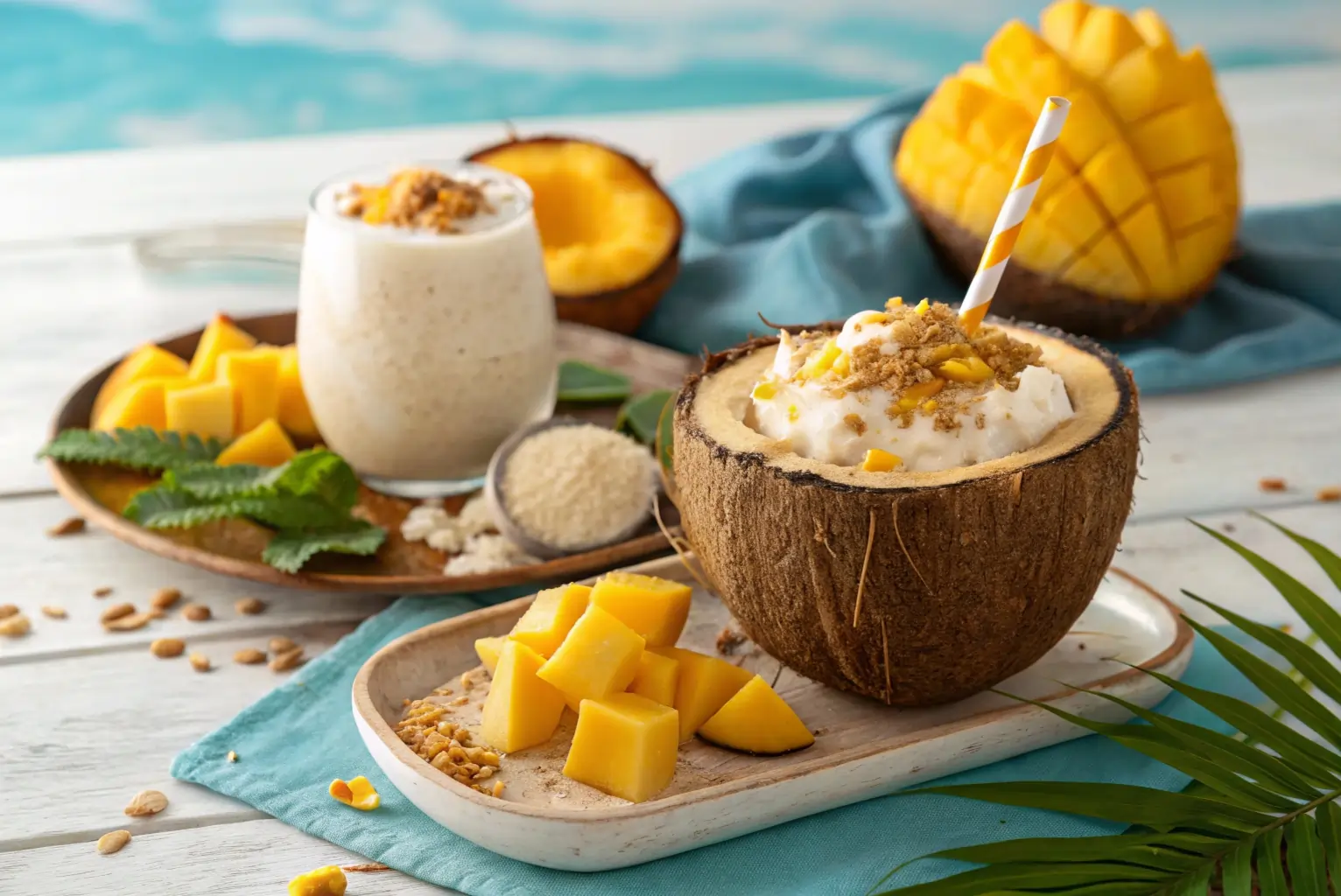 Coconut Mango Milkshake Served in Coconut Shell Tropical coconut mango milkshake served in a coconut shell with mango cubes, crushed cookies, and a striped straw.