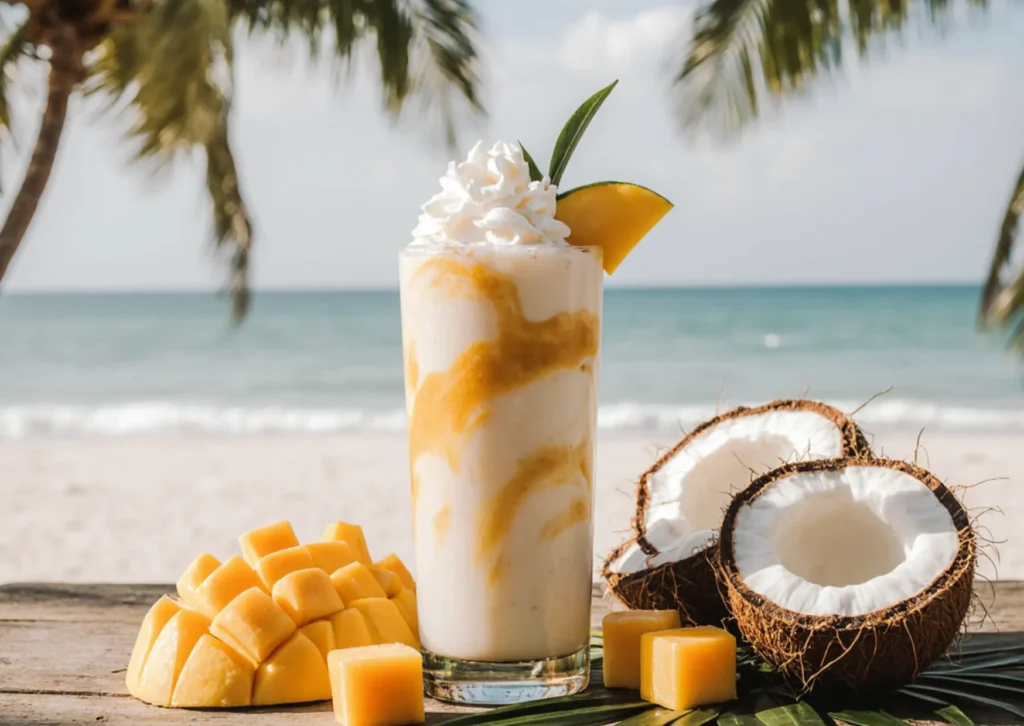 Coconut Mango Milkshake with fresh coconut and mango