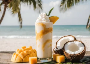 Coconut Mango Milkshake with fresh coconut and mango