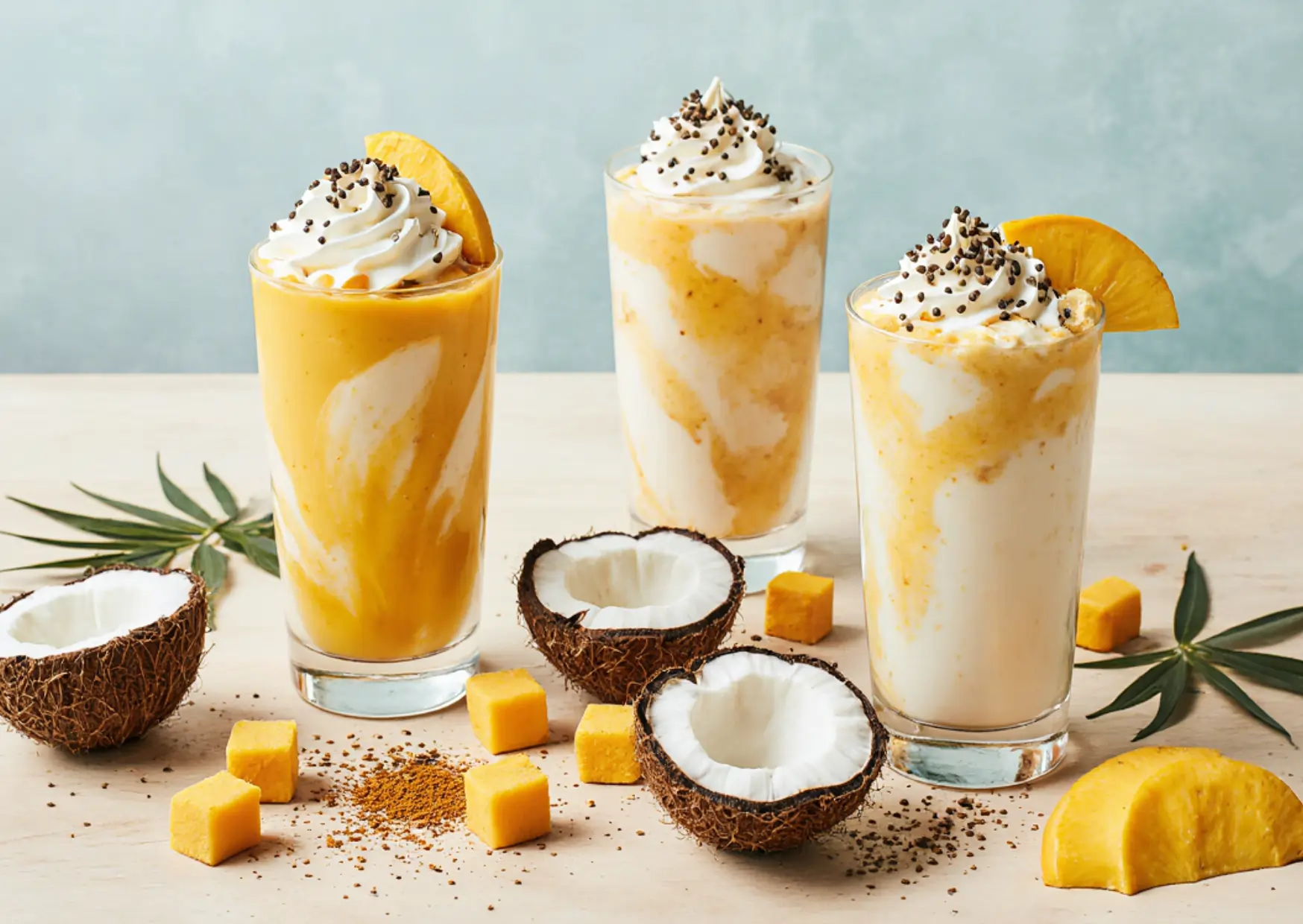 coconut-mango-milkshake-variations Coconut milkshake variations with mango and coconut