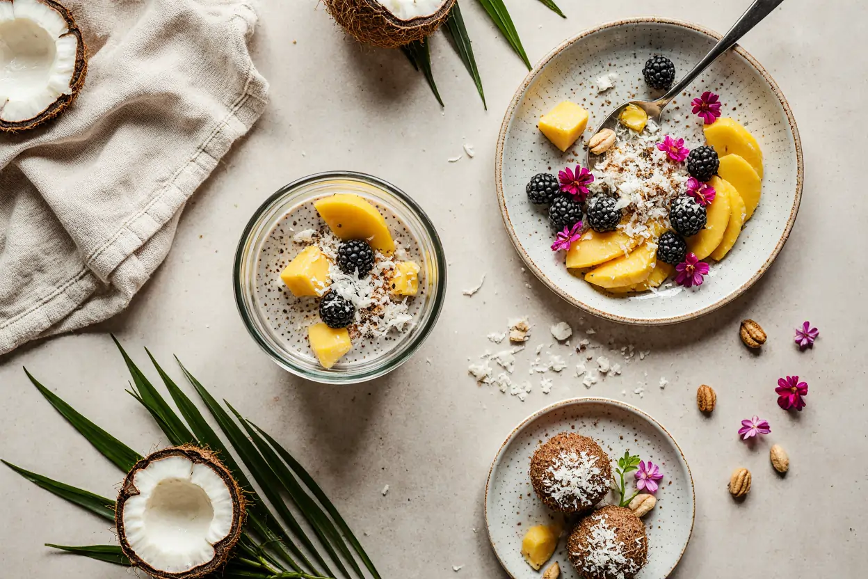 coconut-recipes-desserts-snacks Coconut recipes like chia pudding, smoothie bowl, and bites