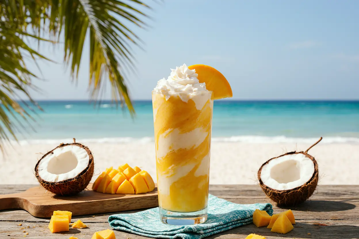 coconut-shell-mango-milkshake Styled coconut mango milkshake in coconut shell