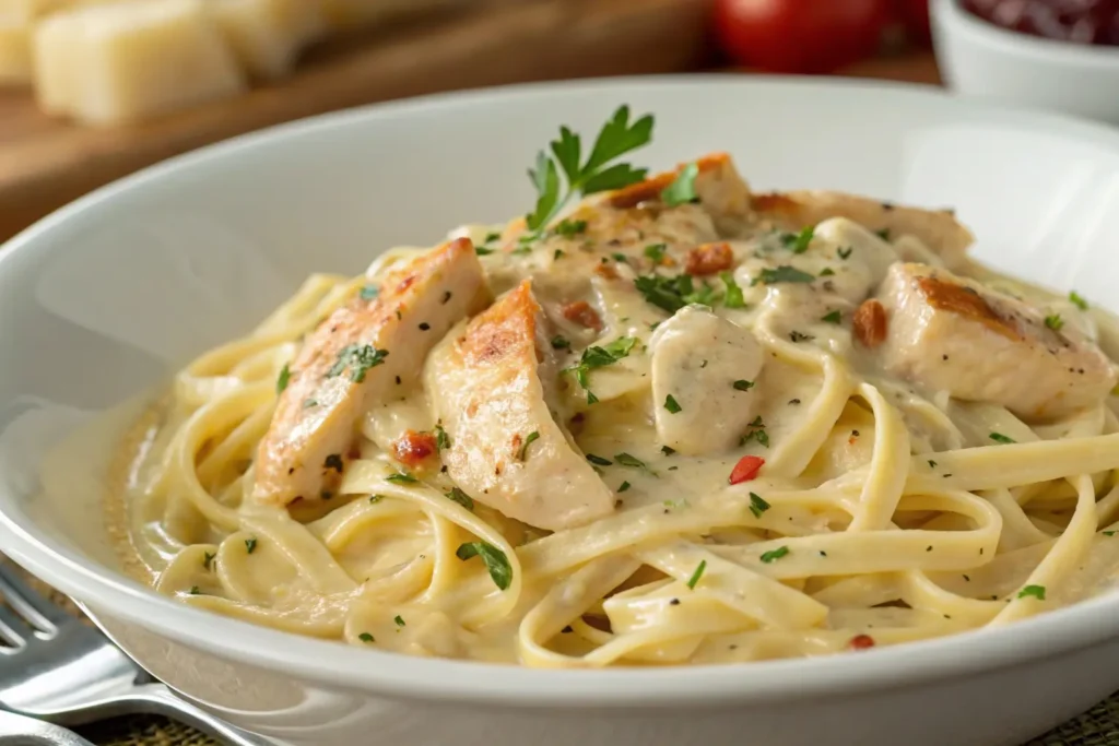 Creamy garlic chicken fettuccine pasta topped with herbs in a white bowl