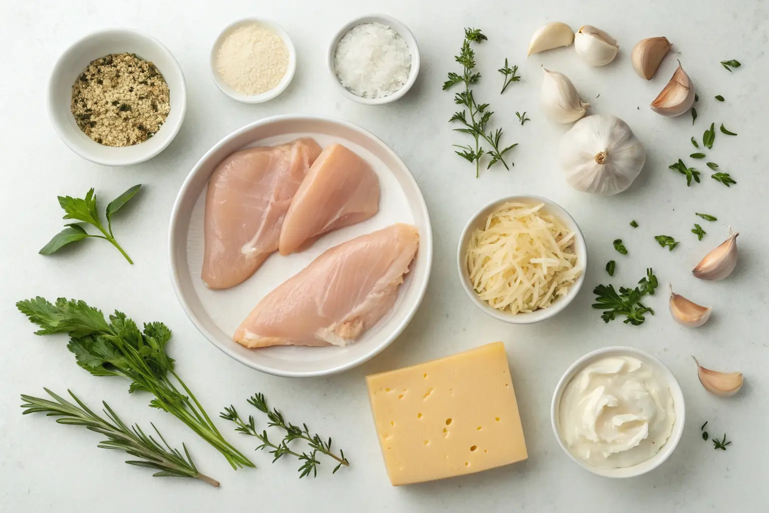 creamy-garlic-chicken-ingredients Ingredients for creamy garlic chicken laid out on countertop