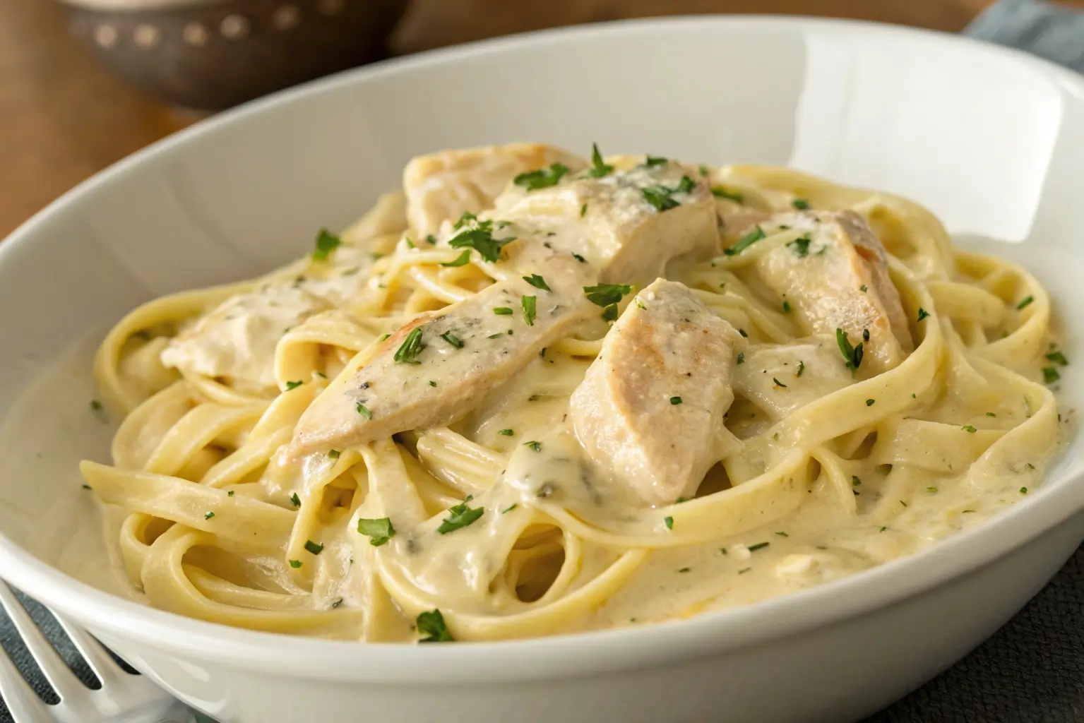 creamy-garlic-chicken-pasta Creamy garlic chicken pasta topped with parmesan and herbs