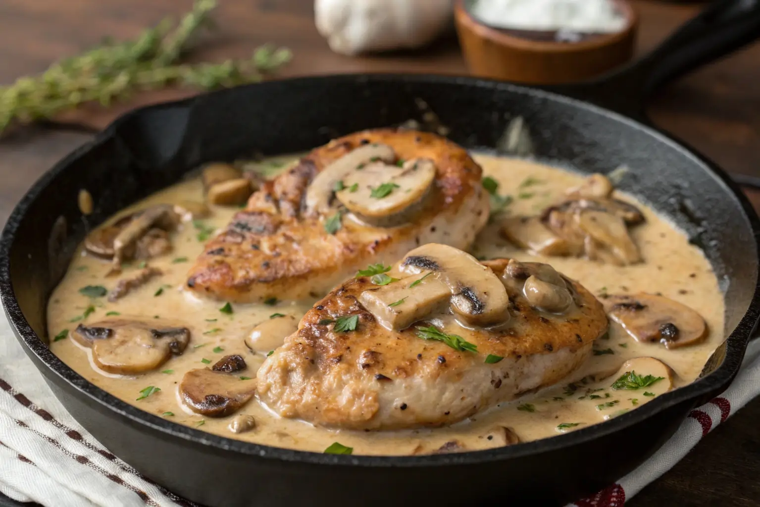 creamy-parmesan-garlic-mushroom-chicken Creamy garlic mushroom chicken in skillet with thick sauce