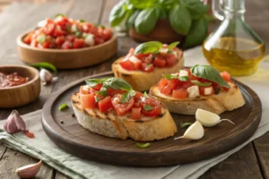 Freshly made bruchetta appetizers with tomato and basil