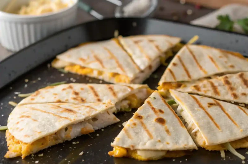 grilled-chicken-quesadilla-blackstone Grilled chicken quesadillas cooking on a Blackstone griddle with melting cheese