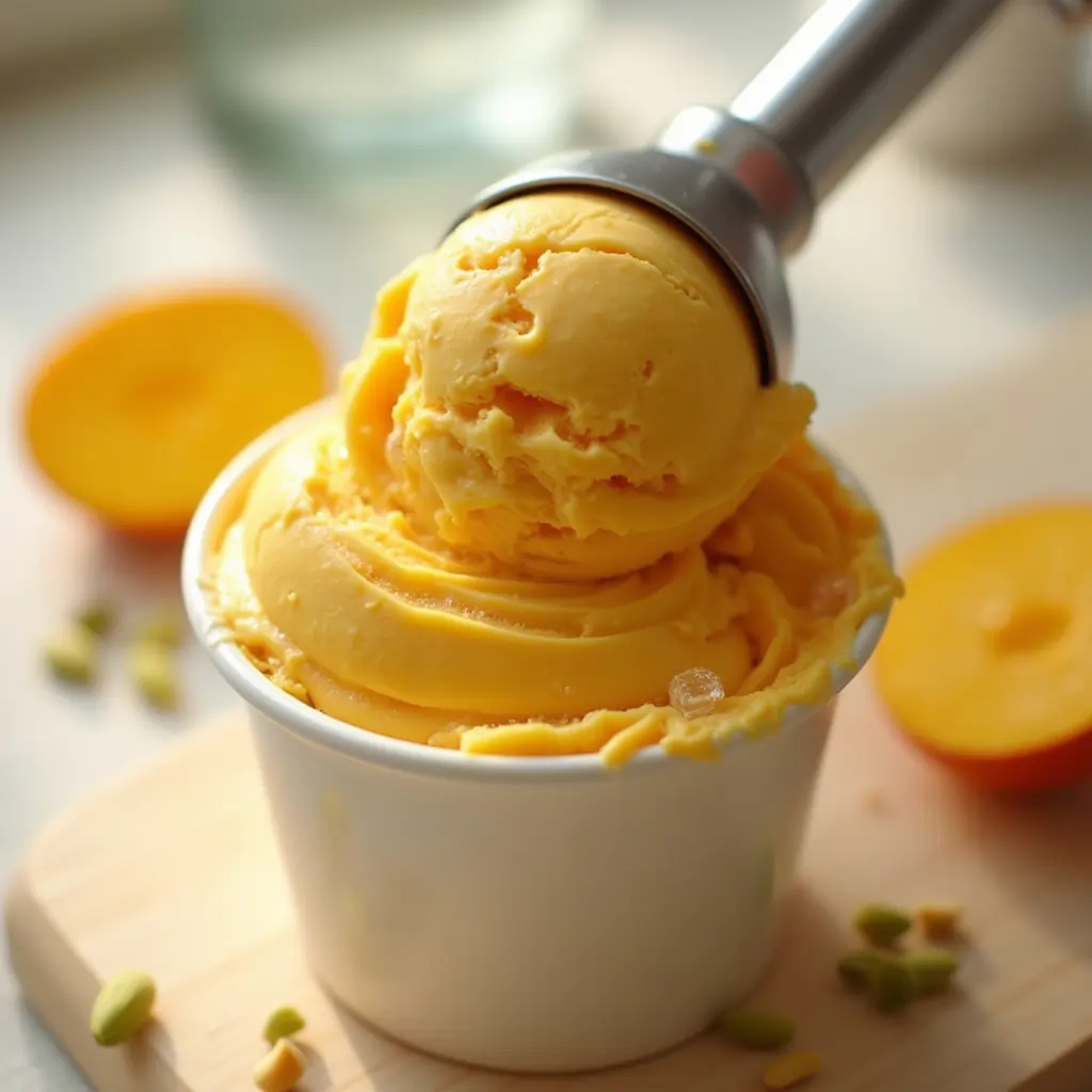 homemade-mango-ice-cream-scoop Homemade mango ice cream being scooped