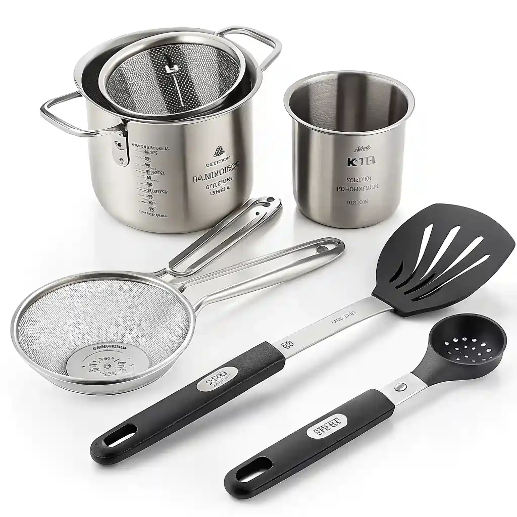 Kitchen tools set including pastry cutter, measuring cups, mesh strainer, spatulas, and stainless steel mixing bowls with lids