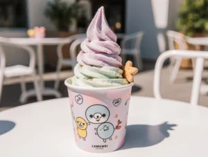 Labubu ice cream in pastel collectible cup with kawaii design