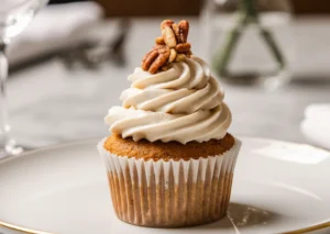 Luxury carrot cupcake with cream cheese frosting and pecans on fine china plate