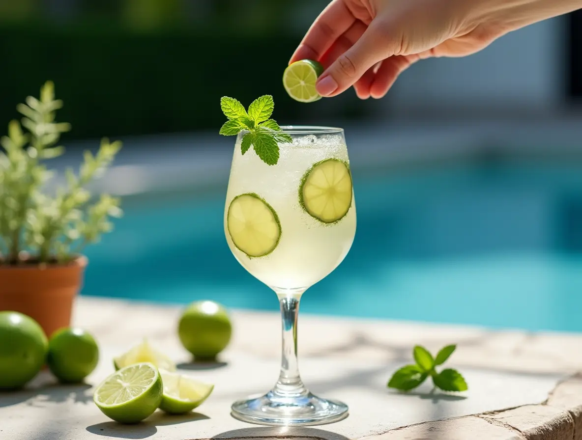 making-hugo-spritz Preparing hugo spritz mocktail in wine glass
