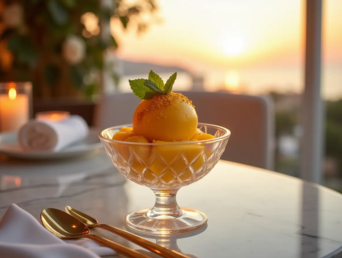 mango-ice-cream-ceramic-bowl Creamy mango ice cream with tropical garnish