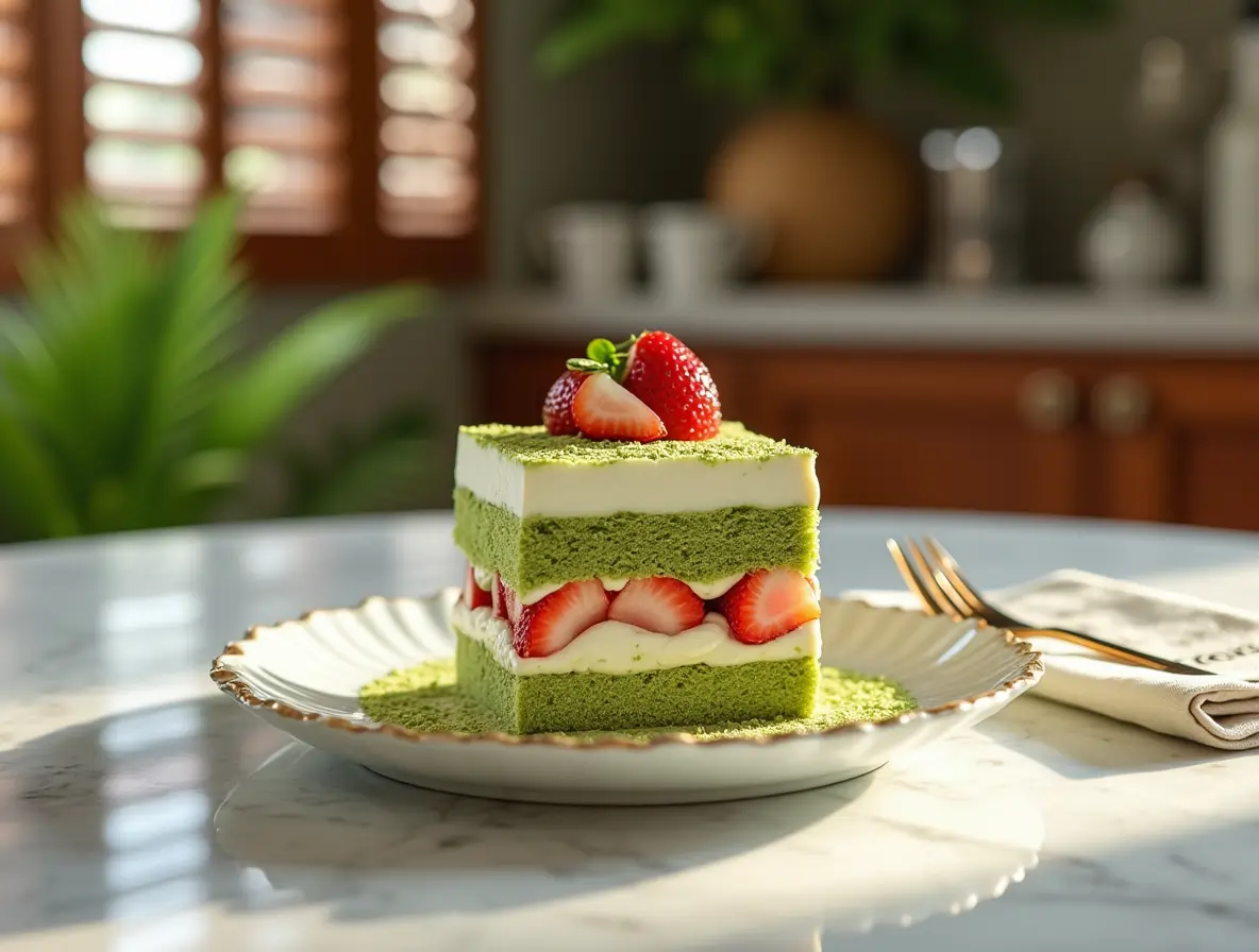 Strawberry & Matcha Harmony: A Fresh Take on Layered Cake Delight Layered matcha strawberry shortcake with whipped cream and fresh strawberries on a decorative plate